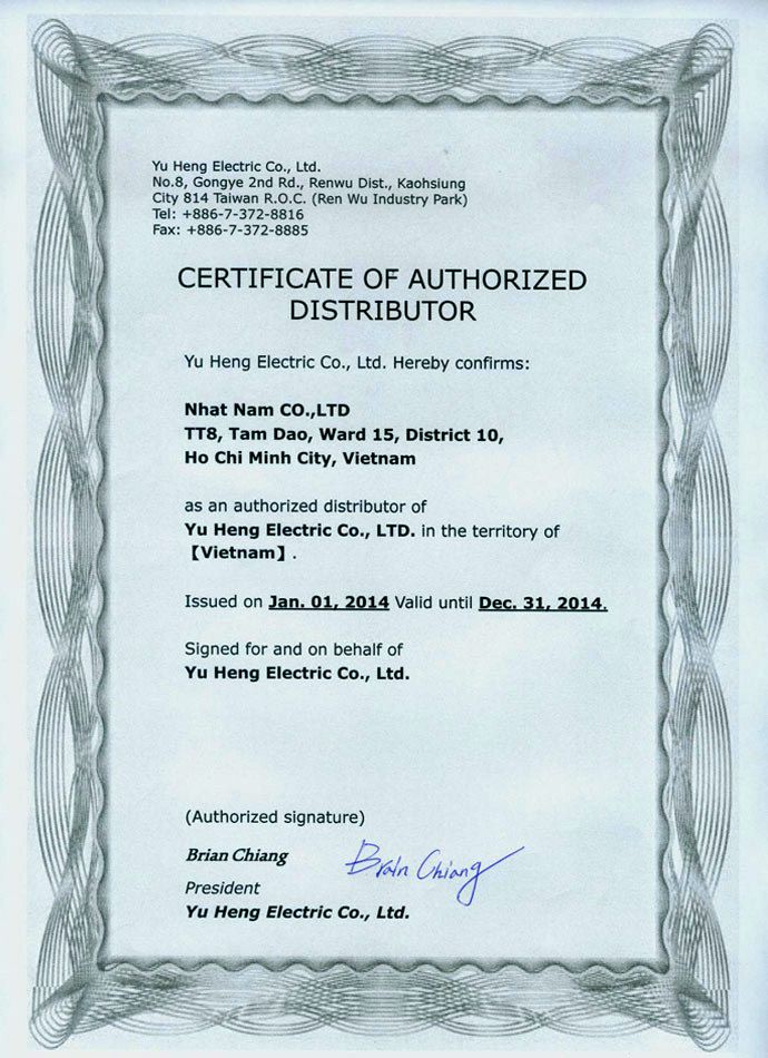 SCS-Yuheng Distributor Certificate