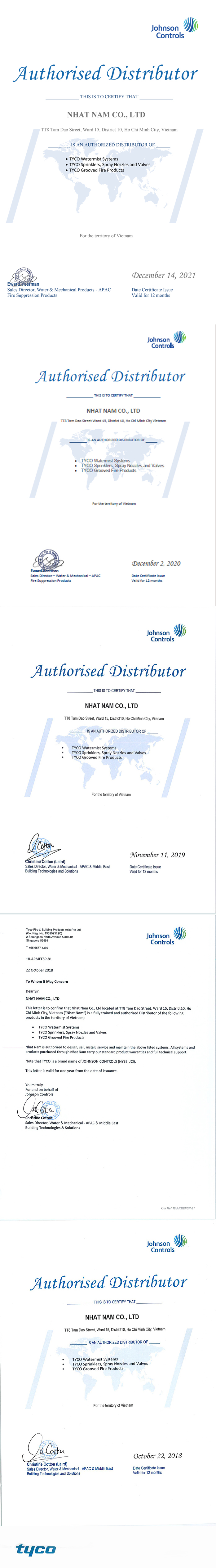 Tyco Distributor Certificate