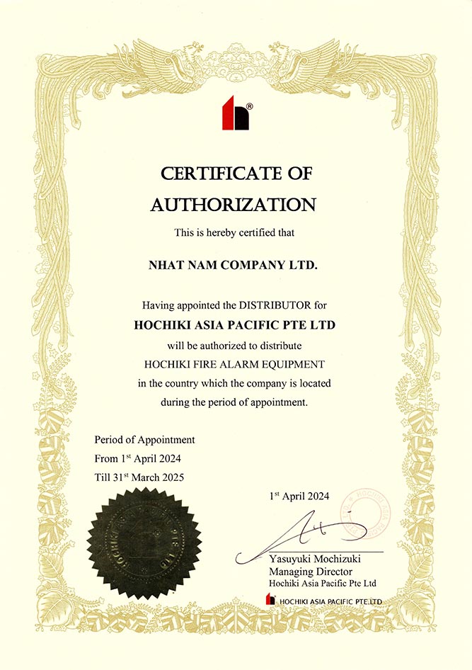 Hochiki Corporation Distributor Certificate
